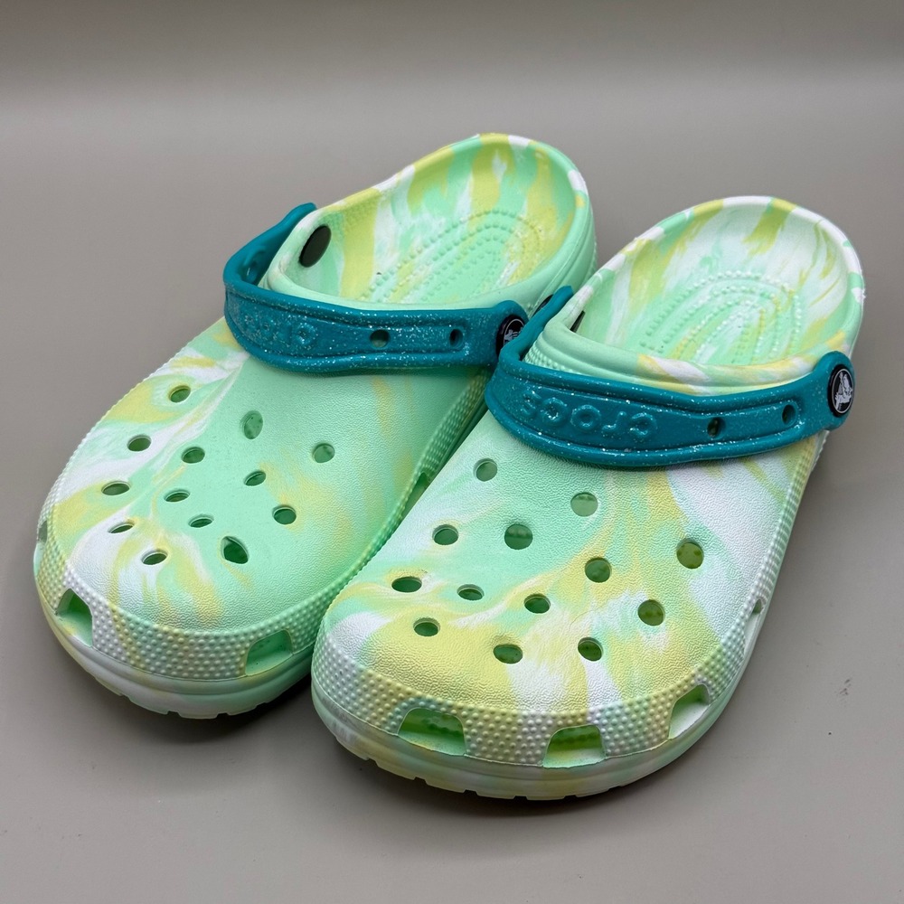 Crocs Classic Marbled Tie Dye Clogs Lime Green Yellow Teal Glitter Men 6 Women 8